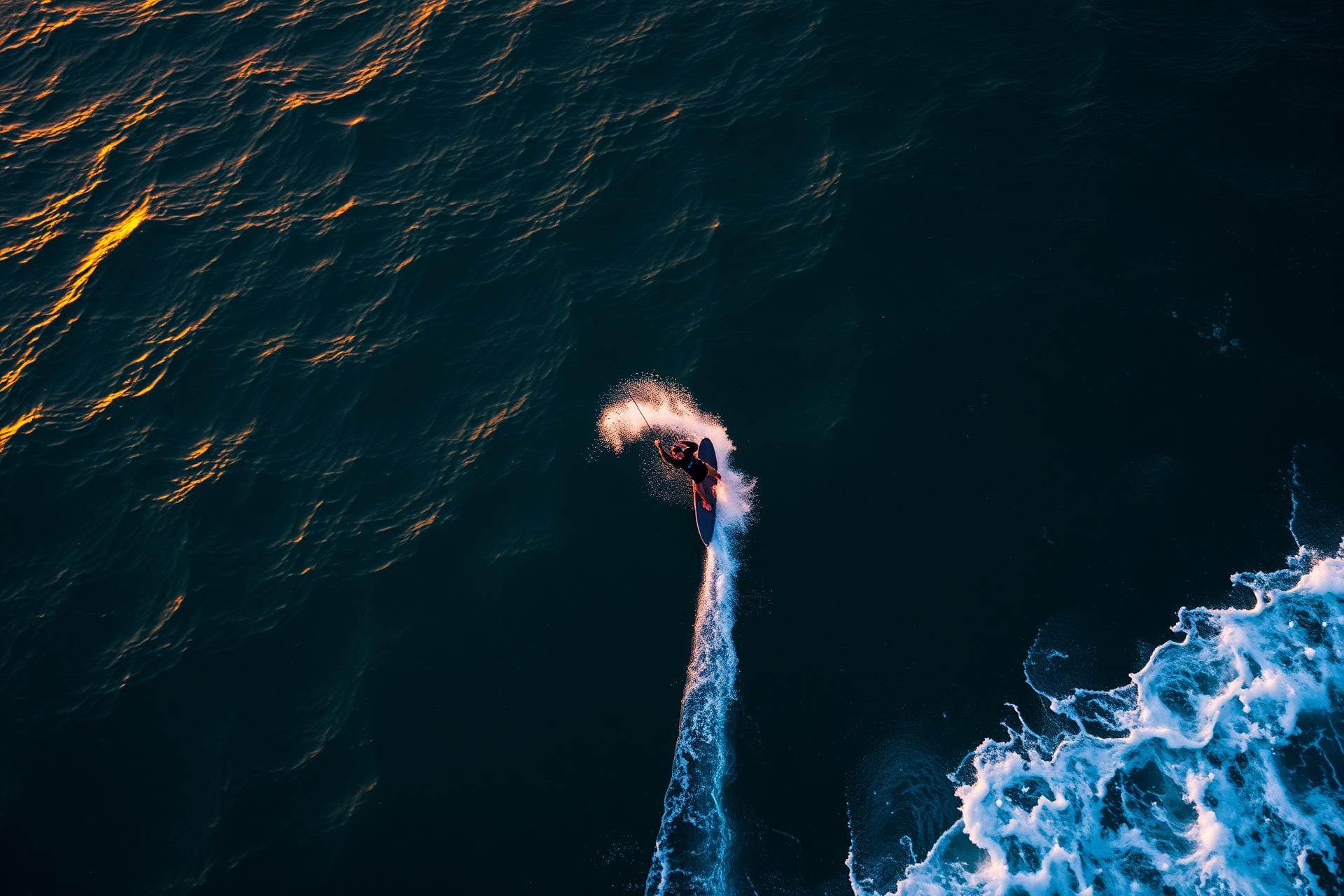 Kitesurfer carving through ocean waves at sunset
